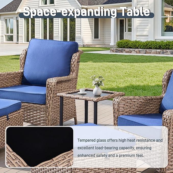 5 Piece Patio Furniture Set with Ottomans, PE Wicker Outdoor Chairs with Cushions & Tempered Glass Table, Space-Saving Balcony Furniture Set for Porch, Garden, Backyard, Blue