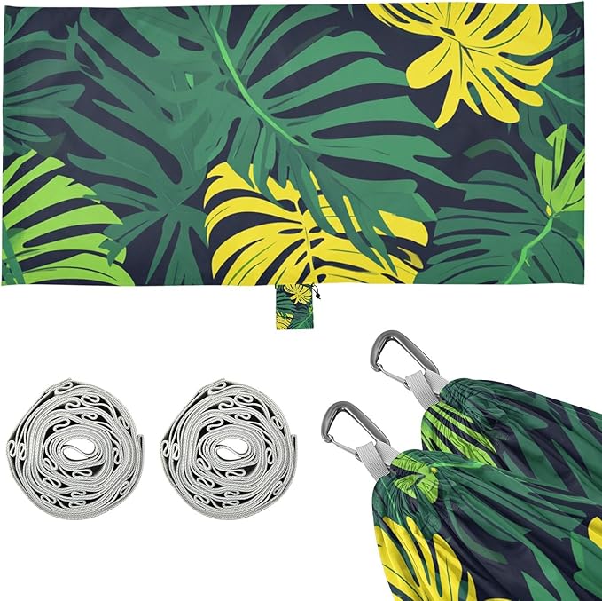Tropical Leaves Illustration Green Hammocks with Hanging Rope Hanging Hammock for Indoor Outdoor Patio