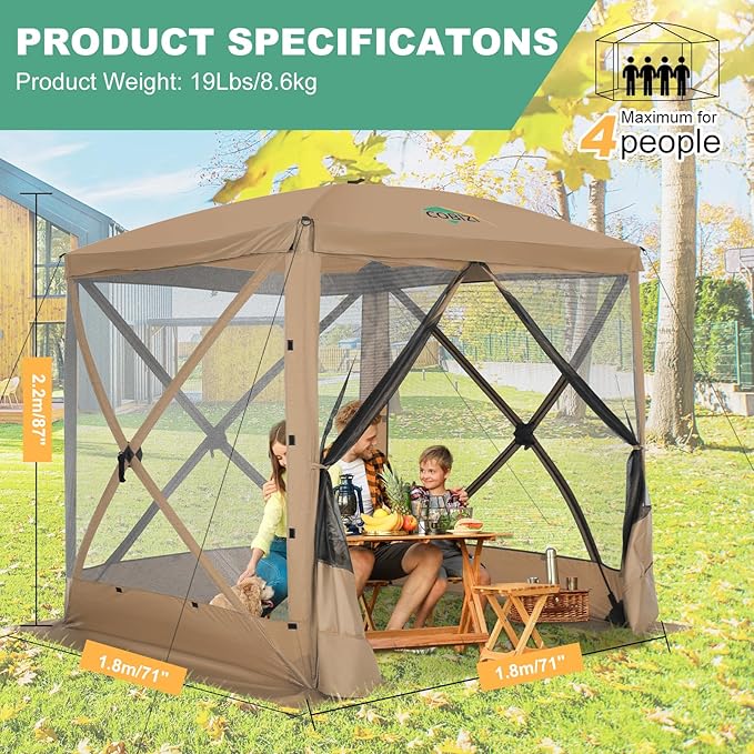 COBIZI 6x6 FT Pop up Gazebo, Popup Canopy Tent, Screened in Gazebos, Waterproof Portable Outdoor Small Screen Tents Sun Shelter,carpas para Patio for Camping, Garden and Backyard,Khaki
