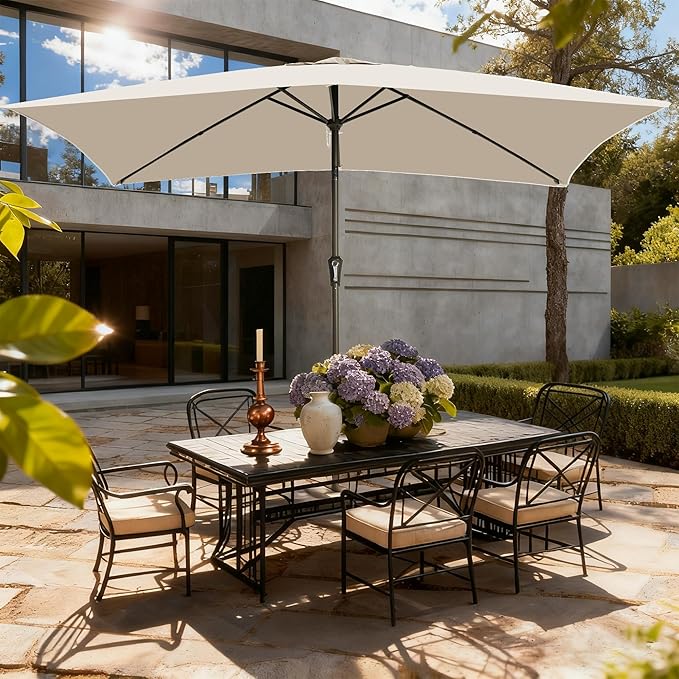 6.5x10FT Rectangular Patio Umbrella with Push Button Tilt & Crank Lift for Garden,UV Protection Outdoor Umbrella for Deck,Pool and Yard,White