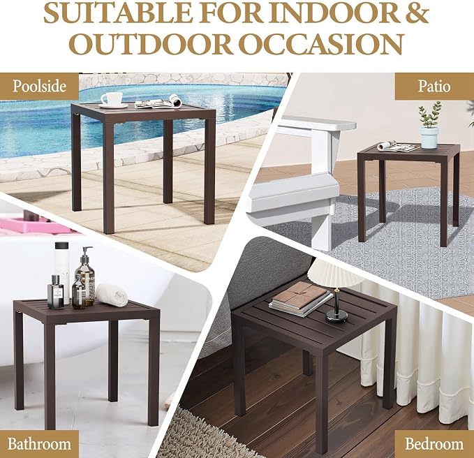 Crestlive Products Outdoor Side Table, Small Square Metal End Table Easy Assembly & Weather Resistant Pool Side Tables for Patio Balcony（Brown