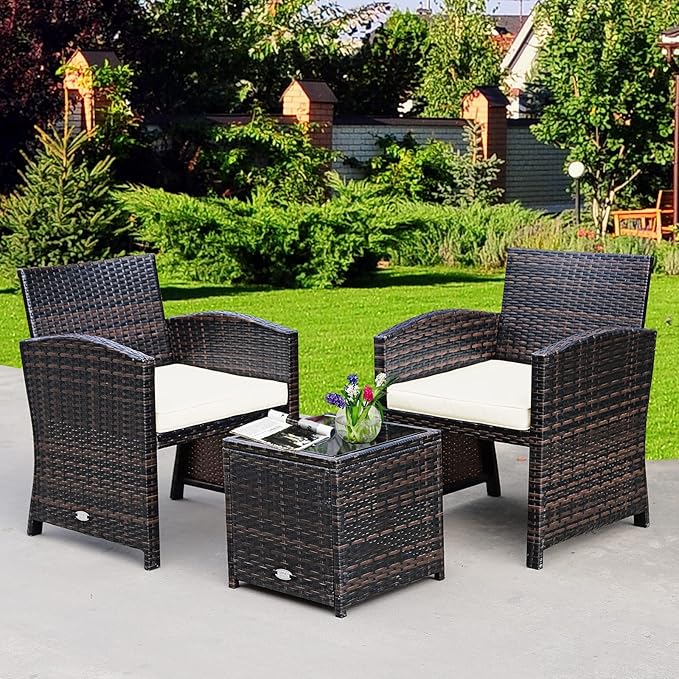 Tangkula 3-Piece Outdoor PE Rattan Furniture Set, Patio Conversation Set w/Chair & Storage Coffee Table, Detachable Cushion, Stable X-Shaped Frame, Perfect for Garden, Backyard, Poolside (White)