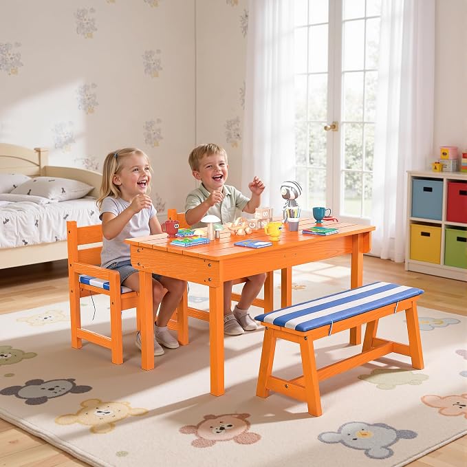 BRINJOY Kids Picnic Table, 4-in-1 Outdoor Wooden Table & Chair Set w/Umbrella & 2 Removable Boxes, Children Sand and Water Activity Table w/Cushioned Bench for Patio, Garden, Backyard