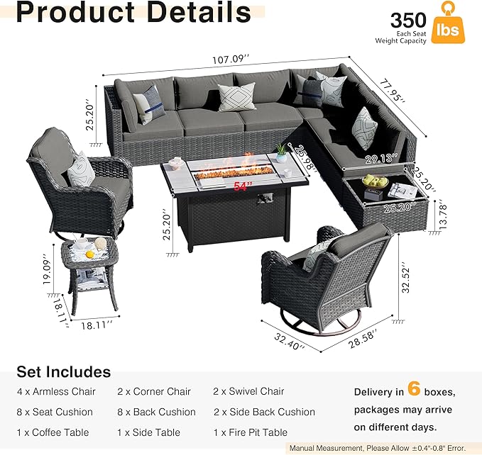 HOOOWOOO Outdoor Patio Furniture with Fire Pit Set 11 Pieces Patio Set with Fire Pit Wicker Outdoor Furniture with Fire Pit Table Set Patio Sectional Set with Swivel Chairs,Black