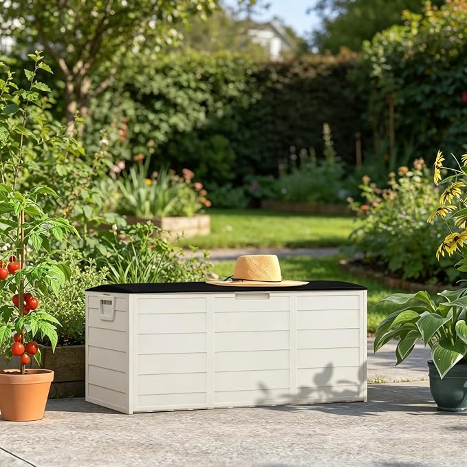 75 Gallon Waterproof Outdoor Deck Box with Wheels, Lockable Resin Patio Storage Container for Cushions, Garden Tools, Pool Accessories and Outdoor Supplies, Black White