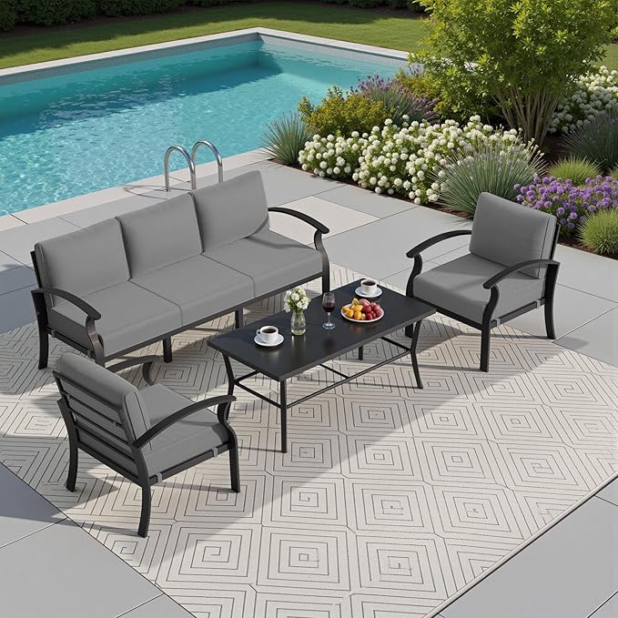 Kullavik Aluminum Patio Furniture Set with Rectangular Coffee Table,5-seat Metal Outdoor Sectional Furniture w/5.1" Cushions,Patio Conversation Sets for Garden,Backyard,Porch-Grey