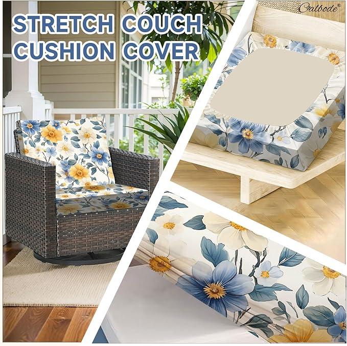 CALBODE 8 Pcs Stretch Outdoor Seat Cushion Covers, Washable Chair Seat Cover for Patio Furniture Cushions Soft Indoor and Outdoor Couch Cover Replacement (Spring Bloom, Cover Only)