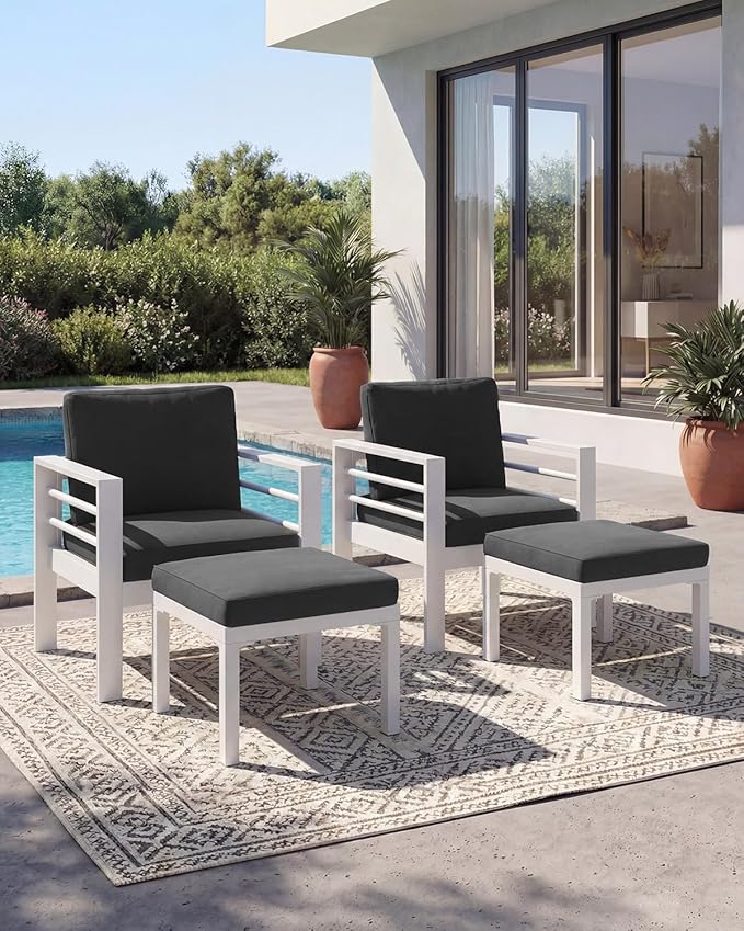 AECOJOY Aluminum Patio Furniture Armchair with Ottoman, Set of 2, Modern Outdoor Furniture with Washable 5 inch Thick Cushion, Dark Gray Cushion