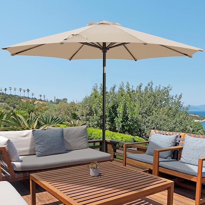 wikiwiki 10 FT Patio Umbrellas Outdoor Table Market Umbrella with Push Button Tilt/Crank, 8 Sturdy Ribs, Fade Resistant Waterproof POLYESTER DTY Canopy for Garden, Lawn, Backyard & Pool, Cream Beige