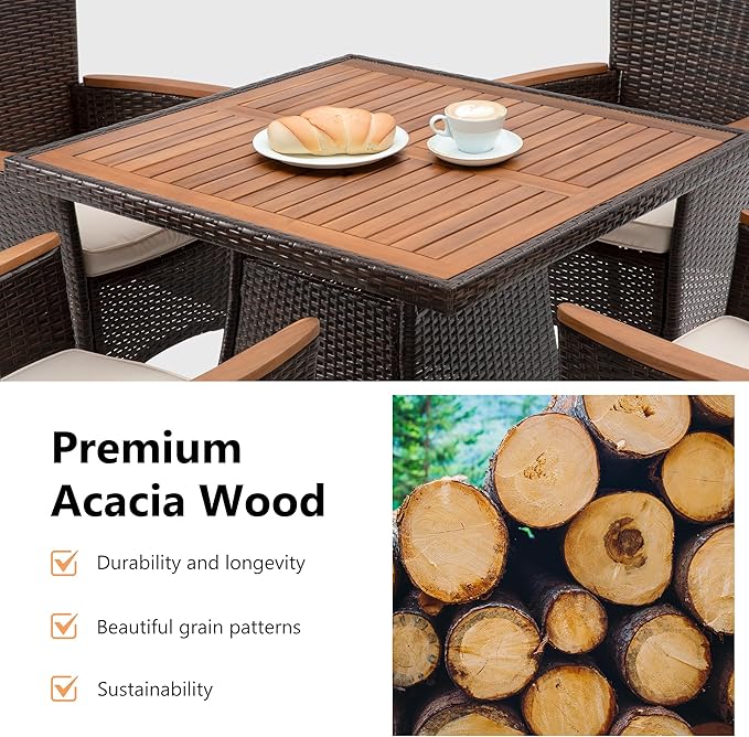 5 Piece Wicker Patio Dining Sets for 4, Rattan Outdoor Dining Table and Chairs with Wood Table Top, Water-Resistant Patio Conversation Set for Deck, Garden, Backyard, Removable Cushions, Brown
