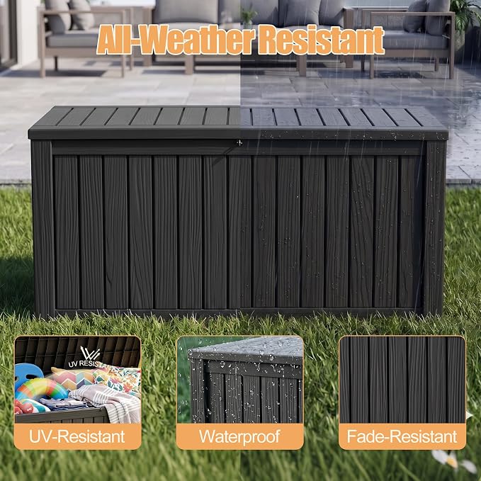 230 Gallon Outdoor Storage Box, Large Resin Deck Box, Waterproof Lockable Storage Container Bins, Reinforced Stability for Patio, Garden and Poolside, Black