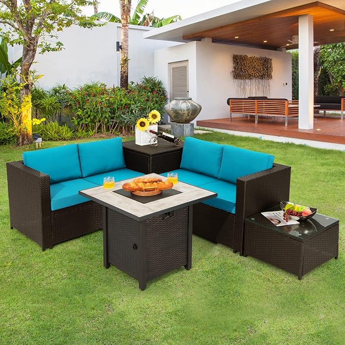 Tangkula 5 Piece Patio Furniture Set with 30 Inches 50,000 BTU Gas Fire Pit Table, Outdoor Wicker Conversation Sectional Sofa Set with Storage Box and Coffee Table, for Poolside, Deck (Turquoise)