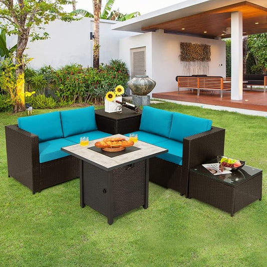 COSTWAY 5 Piece Patio Furniture Set with 30'' Fire Pit Table, Outdoor Wicker Rattan Loveseat Sofa with 4'' Thickened Cushions, 2 Side Tables, Sectional Conversation Set for Backyard (Turquoise)
