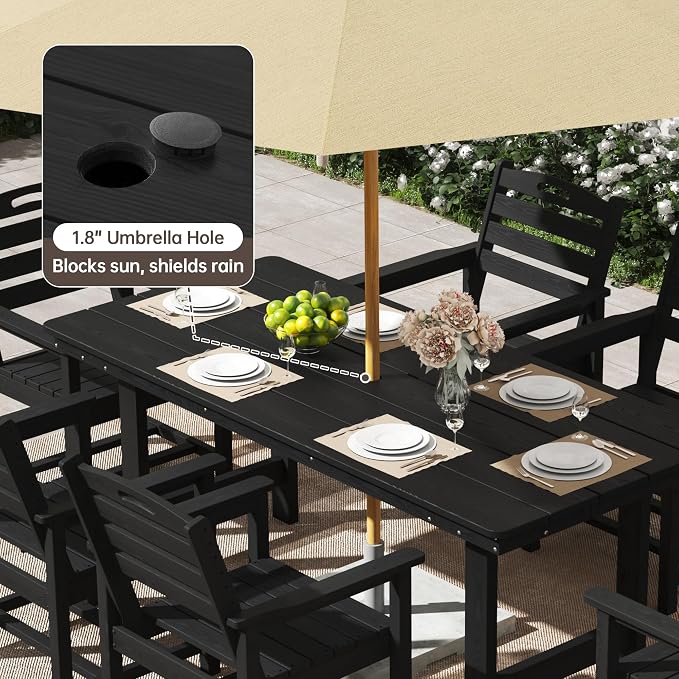 PIZZELLO HDPE Outdoor Dining Set, Patio Table and Chairs Set, All-Weather 7-Piece Outside Table and 6 Chairs, 2" Umbrella Hole, Outdoor Furniture for Garden, Poolside, Backyard, Deck