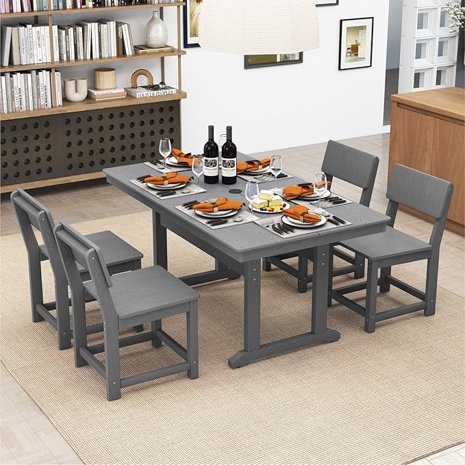 5-Piece HDPE Outdoor Patio Dining Set,Modern Plastic Dining Sets，Patio Table and Chairs Set with Umbrella Hole Cut-Out Table and 4 Chairs Gray