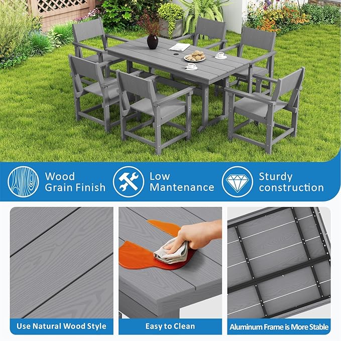 7-Piece HDPE Outdoor Patio Dining Set,Outdoor Table and Chairs,Modern Plastic Dining Sets with Umbrella Hole Cut-Out Table and 6 Chairs Gray