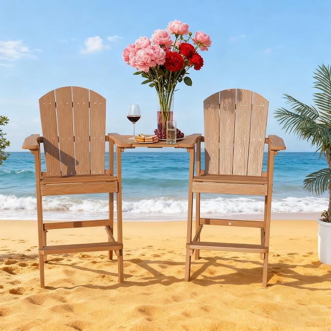 Outdoor Tall Adirondack Chairs Set of 2,Outdoor Bar Height Barstools Widened Chair with Wood Grain,High Backrests,Ideal for Patio,Camping,Pool,Outdoor Use.(Natural)