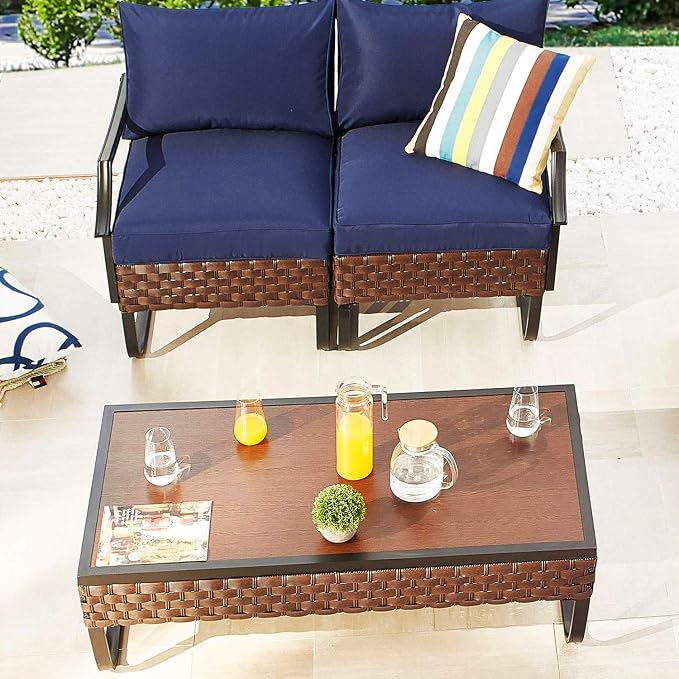 Rectangle Patio Coffee Table Outdoor Wicker Furniture with U Shape Steel Leg for Garden, Porch, Balcony, Deck (47.2" W x 23.6" D x 13.7" H)