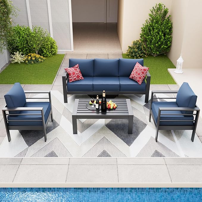 Amopatio Aluminum Patio Furniture, 6 Pieces Metal Outdoor Furniture Set, Outdoor Sectional Modern Sofa Sets with Coffee Table for Pool, Garden, Dark Grey&Blue (Included Waterproof Covers)
