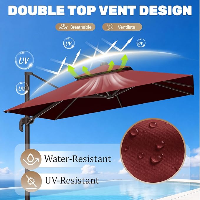 10x10Ft Patio Umbrella Outdoor Cantilever Rectangle Umbrella with Base Included, 6-Level Tilt & 360° Rotation Offset Umbrella for Garden, Deck, Pool(Red)