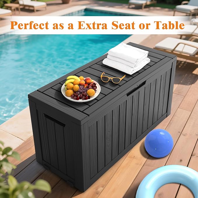Outdoor Storage Box, 75 Gallon Waterproof Deck Boxes, Resin, Lockable Pool Deck Box for Garden Tools, Patio,Pool Accessories, Cushions, Large Delivery Boxes with Handle，Weatherproof & UV-Resistant