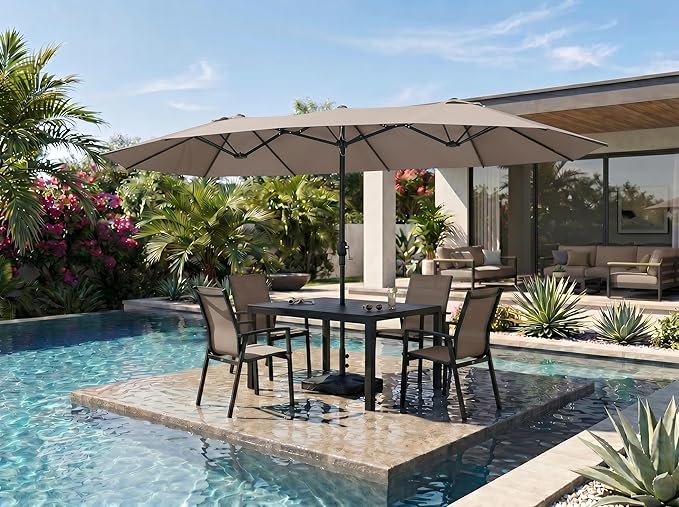 PURPLE LEAF 14ft Patio Market Umbrella with Base Double-Sided Rectangle Outdoor Table Sun Umbrellas with Crank 12 Heavy Duty Sturdy Ribs for Pool Beach Deck Backyard Taupe