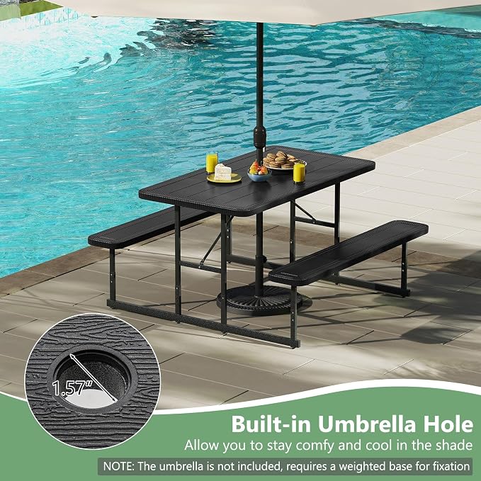 Picnic Table Set for 2-4 People, Umbrella Hole, Heavy-Duty Metal Frame & 2 Benches, HDPE Rectangular Outdoor Dinning Table & Benches for Outside, Patio, Garden, Backyard, Porch (Black)