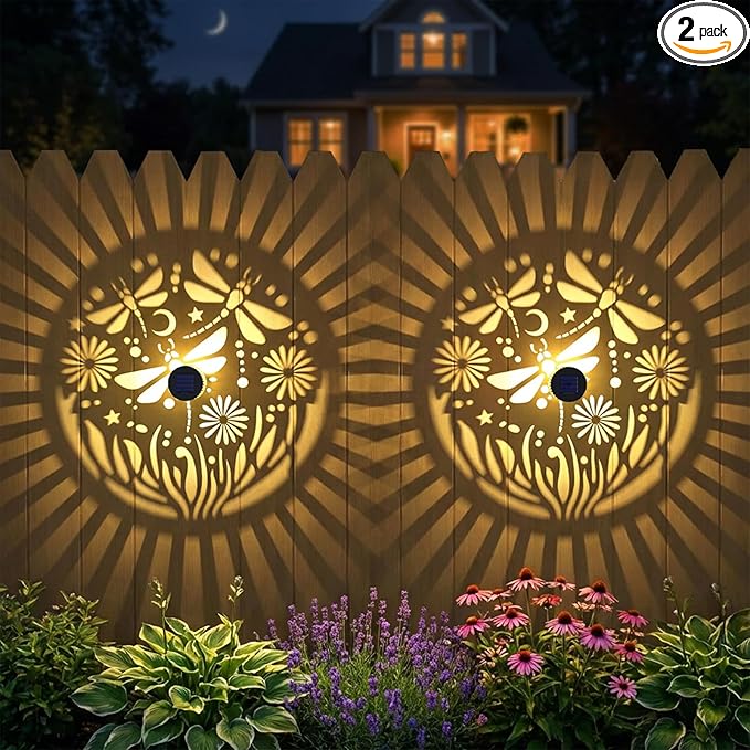 2 Pack Solar Fence Lights Outdoor Wall Lights Metal Solar Powered Deck Step Stair Lights Dragonfly Theme Waterproof Fence Solar Light for Garden Post Patio Yard Decor, Gardening Gifts for Women Mom