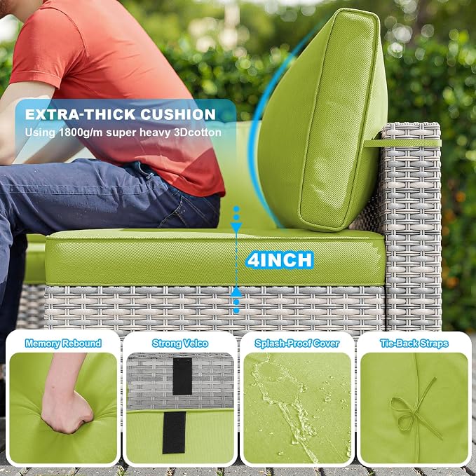 13-Piece Patio Furniture Set, Outdoor Patio Furniture with Swivel Chairs Set, Ottomans, 55,000 BTU Fire Pit Table, Modular Patio Sofa, Dual-Strand Rattan, Rust-Resistant Frame, Grass Green