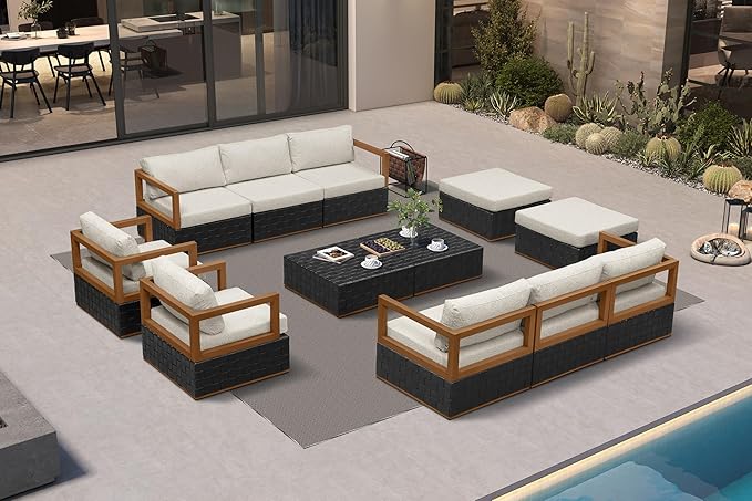 PURPLE LEAF Patio Outdoor Furniture Set 12 Pieces, Premium Leather Outdoor Couch Sectional Sofa, Modular Patio Conversation Sets with Olefin Cushions, Patio Couch for Porch, Balcony, Garden, Black