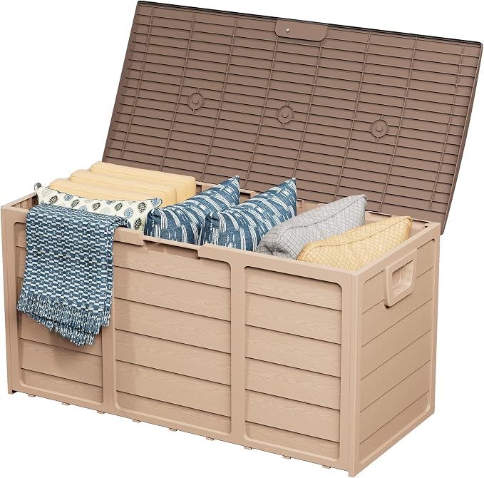 Crownland Outdoor 75 Gallon Storage Deck Box, Weatherproof Woodgrain Patio Storage Box for Balcony, Garden, Backyard (Light Brown)