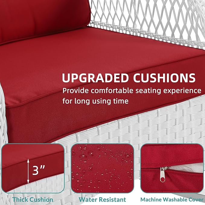 MEETWARM 3-Piece Outdoor Wicker Swivel Rocker Patio Set, Rocking Chairs Rattan Patio Furniture with Thickened Cushion and Glass-Top Coffee Table, Conversation Bistro Set, White Wicker/Red