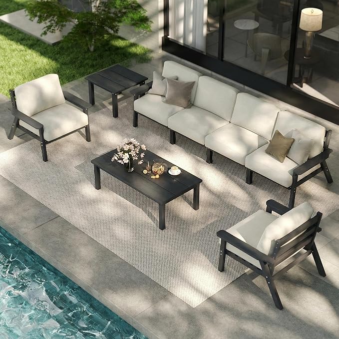 7 Piece Patio Furniture Set, HDPE Outdoor Sectional with Beige Washable Thick Cushions, Coffee Table & Side Table, Patio Conversation Sets for Lawn, Garden, Porch, Balcony (Grey Frame)