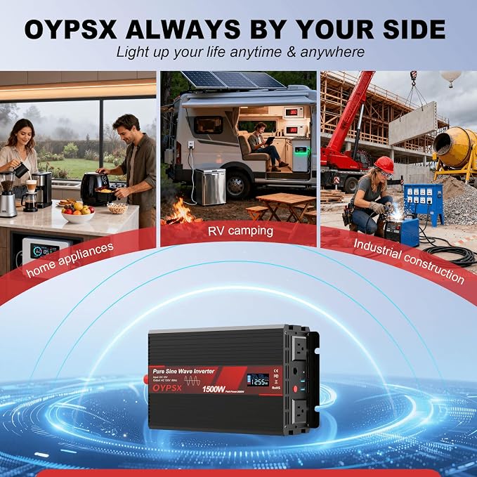 1500W Power Inverter 12V to 110V 120V AC Pure Sine Wave Inverter for RV Truck Camping,Outdoor Off-Grid Power Converter with LCD Display,Wired Controller,AC Outlets USB Ports (12V-1500Watt)