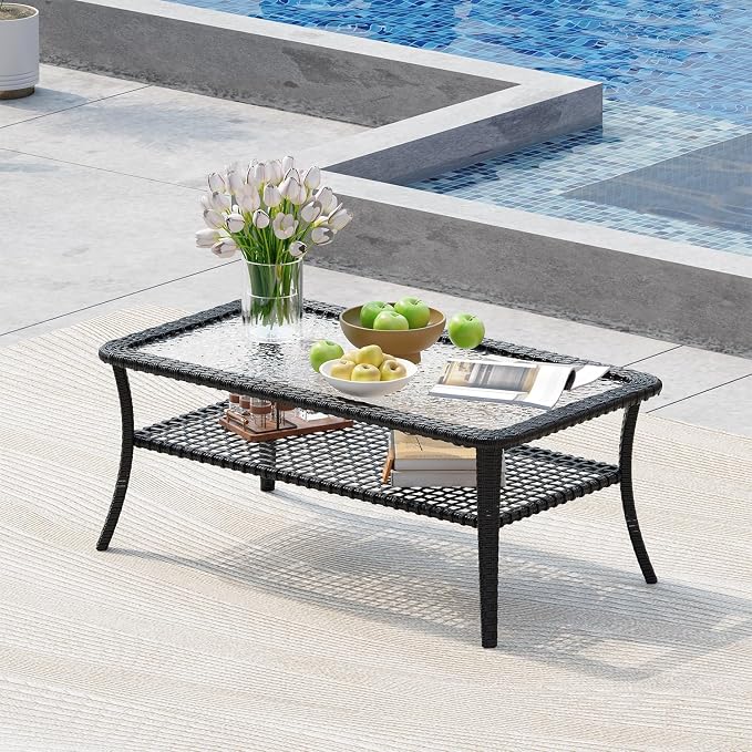Aoxun Outdoor Coffee Table with Storage Wicker Patio Coffee Table, All-Weather Tempered Glass Top Coffee Table for Patio Furniture Set for Balcony, Garden, Deck, Backyard, Yellow
