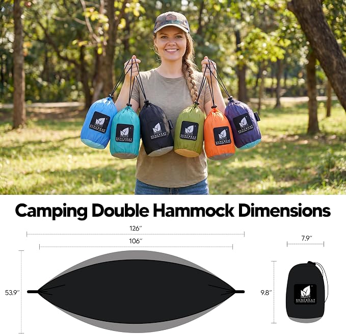 SUNCREAT Camping Hammock – up to 450lbs Portable Hammock with Tree Straps - Travel, Backpacking, Hiking, Black