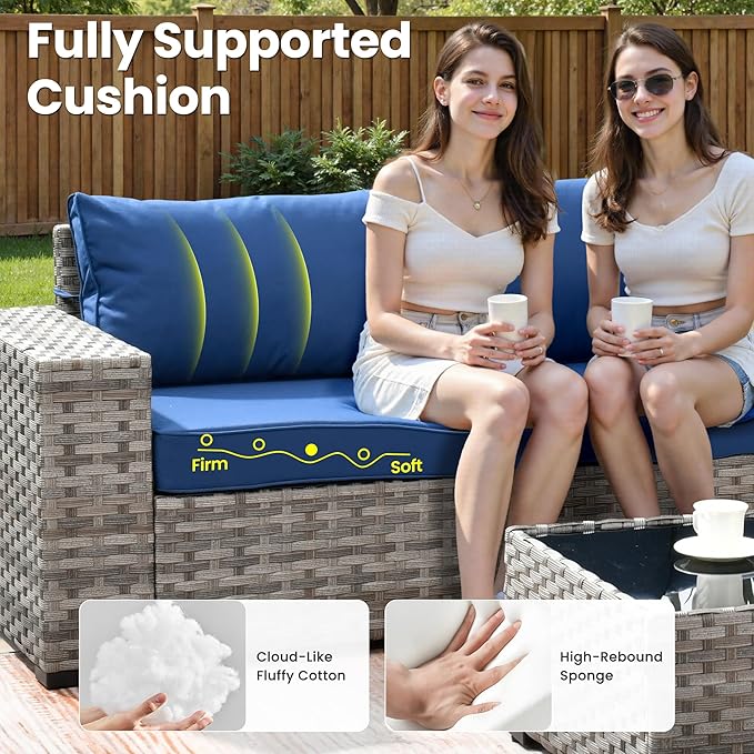 ovios 13 Pieces Patio Furniture Set, Outdoor Wicker Sectional Sofa with 54 Inch Fire Pit Table Comfy Cushions, Modern Modular Deep Seat Rattan Couch Conversation Set, Navy Blue