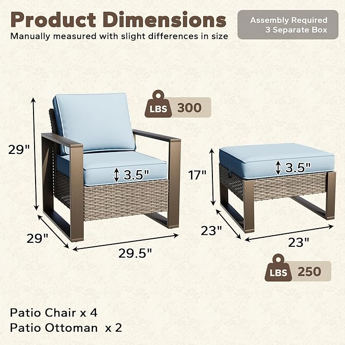 6 Pieces Metal Wicker Patio Furniture Set - Four Armchairs and Two Ottomans, All Weather Rattan Outdoor Conversation Furniture with Washable Cushion for Deck Porch, Baby Blue
