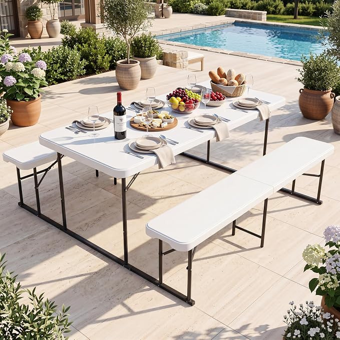 YITAHOME 4.5ft Folding Picnic Table with Benches, Heavy Duty 4.5 ft Picnic Tables for Outdoors, Portable Outdoor Table with Center Lock & Non-Slip Feet for Backyard, Camping, Beach, White