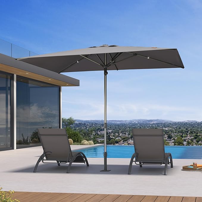 PURPLE LEAF 6 X 10 FT Commercial Rectangle Patio Market Umbrella Semi Auto Heavy Duty 1.9" Aluminum Pole 6 Sturdy Ribs for Outdoor Dining Business Restaurant Poolside Hotel Resort Wedding Venue Cafes Garden Grey