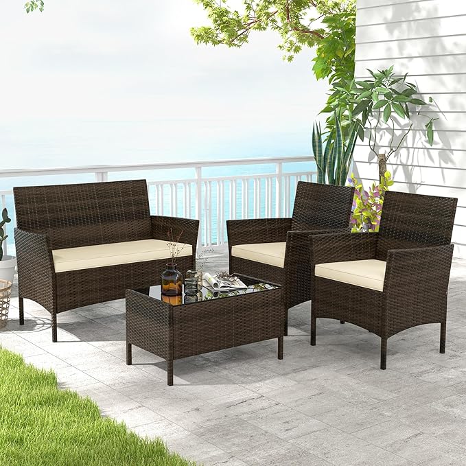 HAPPYGRILL 4 Pieces Outdoor Rattan Conversation Set, Patio Wicker Furniture Set with Loveseat Chairs & Tempered Glass Coffee Table, Outside Sectional Sofa Set for Backyard, Garden & Poolside