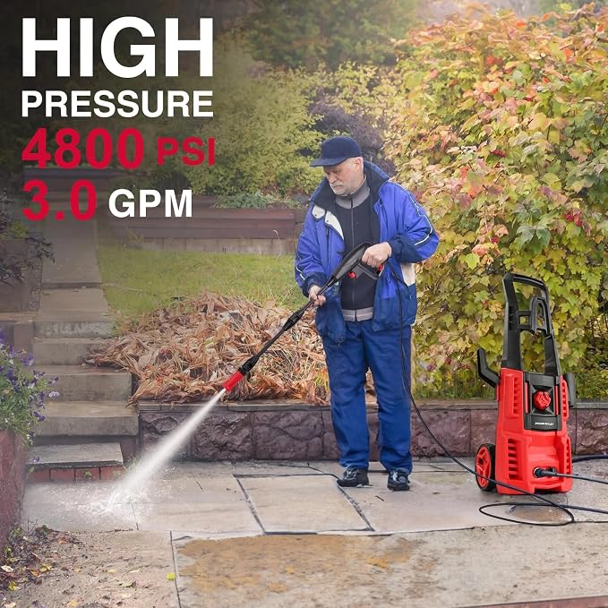 Upgraded Electric Pressure Washer, 1850 PSI Max,3.0 GPM, 5" Wheels, 18M Cord/Hose Length Max, Power Washer for Patio, Car, Driveway, Fence & Home Cleaning