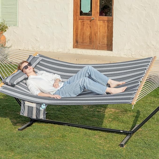 2 Person Hammock with Stand for Outside, Heavy Duty Steel Stand, Double 55inch Hammocks, Large Removable Pillow, Storage Bags, Max 475 lbs Capacity (Mountain Mist Gray)