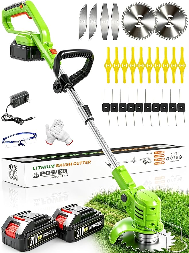 Cordless Weed Wacker, 21V Battery Powered Weed Eater with 2 Battery and Charger, Electric Grass Trimmer with 5 Types 26Pcs Blade, 3 in 1 Stringless Weed Trimmer Brush Cutter Edger for Lawn Garden