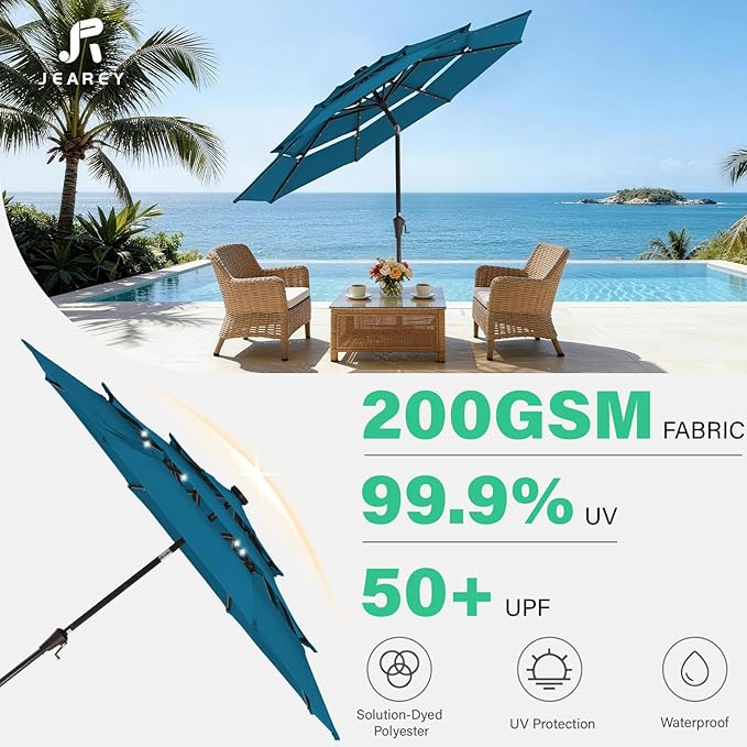 JEAREY 3 Tiers Patio Umbrella with Solar Lights 9ft Outdoor Market Table Umbrellas with Push Button Tilt for Outside Pool Garden, Lake Blue