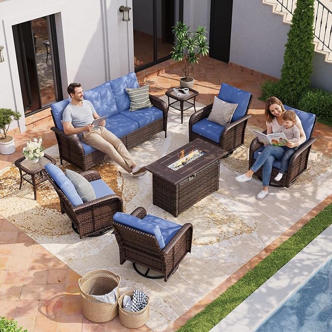 Aoxun Luxury 8-Piece Patio Furniture Set with 44'' Fire Pit Table, Wicker Rattan Sofa with Thick Cushion, Outdoor Conversation Set for Backyard, Poolside & Garden, Brown/Navy Blue