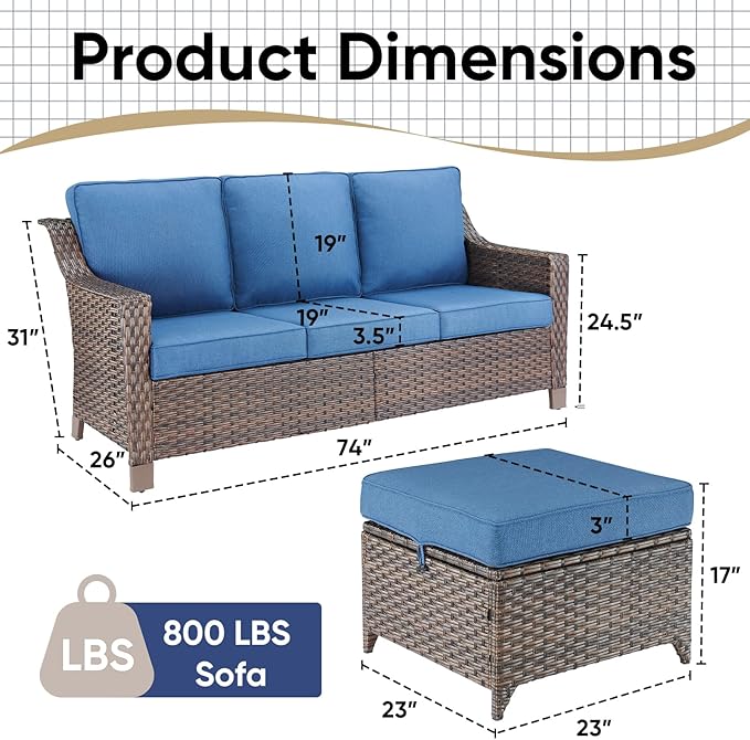 3 Pieces Patio Conversation Sets-All-Weather Wicker Sectional Couch with Ottomans for Deck Balcony Poolside Backyard-Brown/Blue