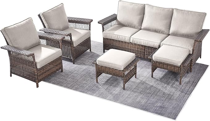 Outdoor Wicker Patio Furniture Set - 5 Piece Rattan Patio Conversation Sets with 2 Wicker Chairs,2 Ottomans and 1 Sofa for Porch Deck Garden(Brown/Beige)
