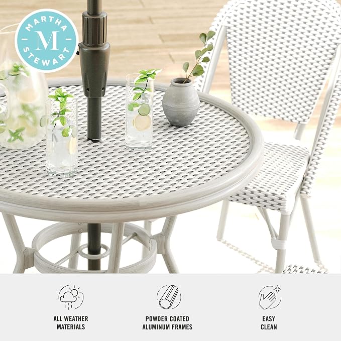Martha Stewart Lily Pond 31” Round Indoor-Outdoor Bistro Dining Table with Aluminum Frame in Gray Woodgrain and Rattan Top in White/Gray with Tempered Glass Top