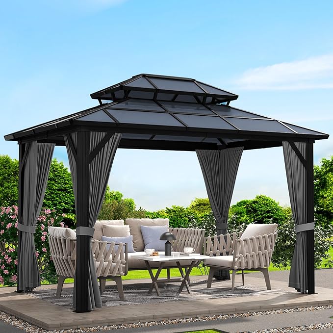 GAOMON 10'x12' Hardtop Gazebo with Polycarbonate Double Roof, Durable Aluminum Frame, Weatherproof & UV Protection for Garden, Patio, Lawn